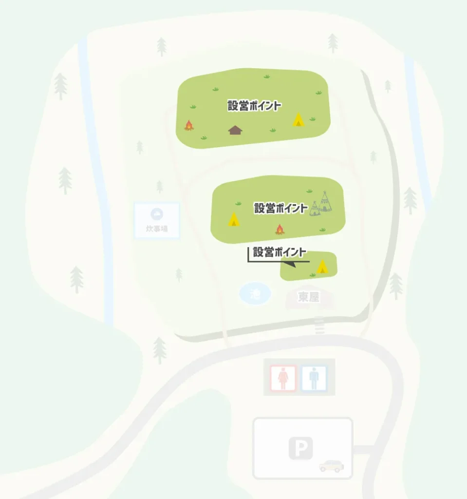 岩屋山渓桜公園 テント設営ポイントのマップ