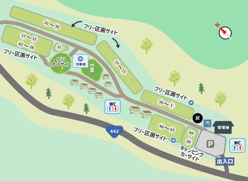 久住山壮南登山口キャンプ場　場内マップ