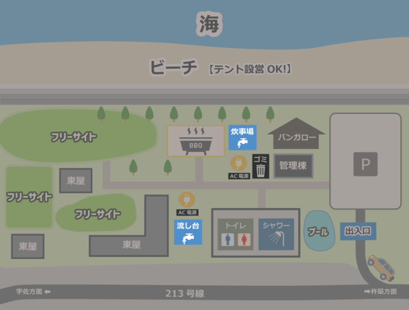 来浦キャンプ海水浴場 炊事場マップ