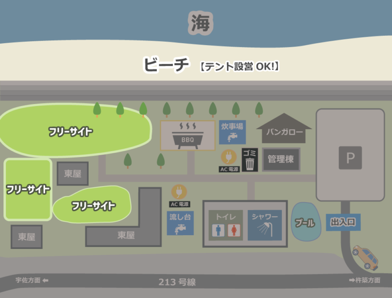 来浦キャンプ海水浴場 テントサイトマップ