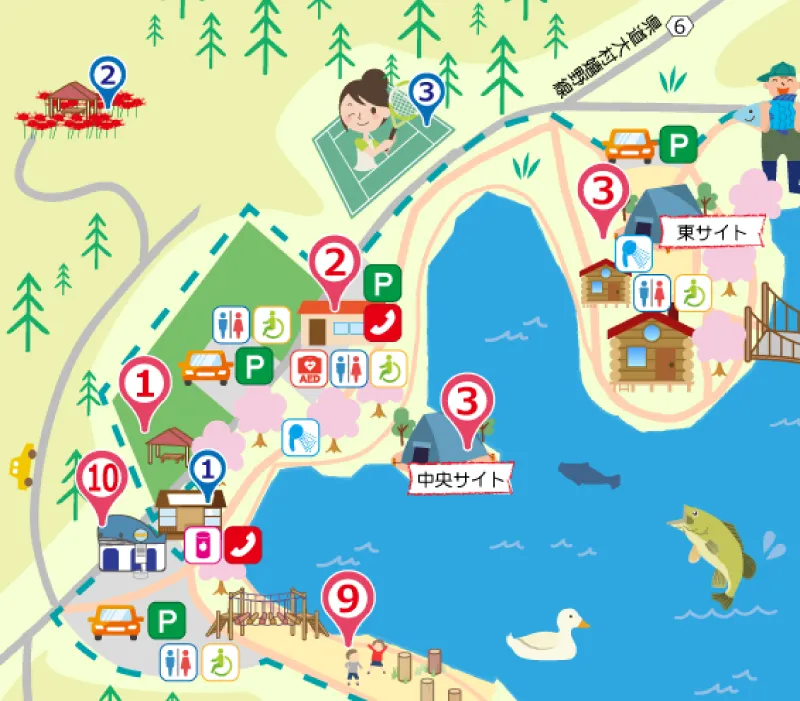 野岳湖公園キャンプ場　テントサイト付近拡大マップ（サニタリー情報）