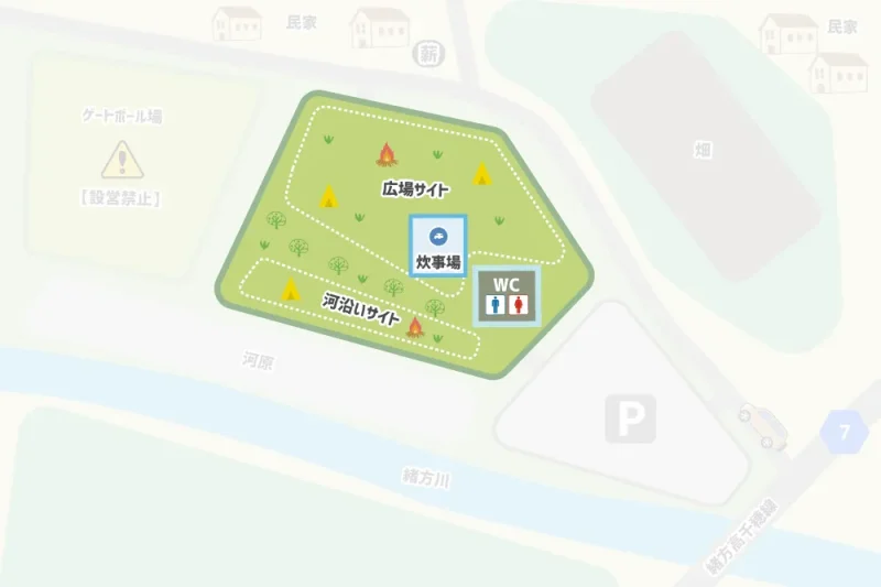辻河原公園キャンプ場 テントサイトのマップ