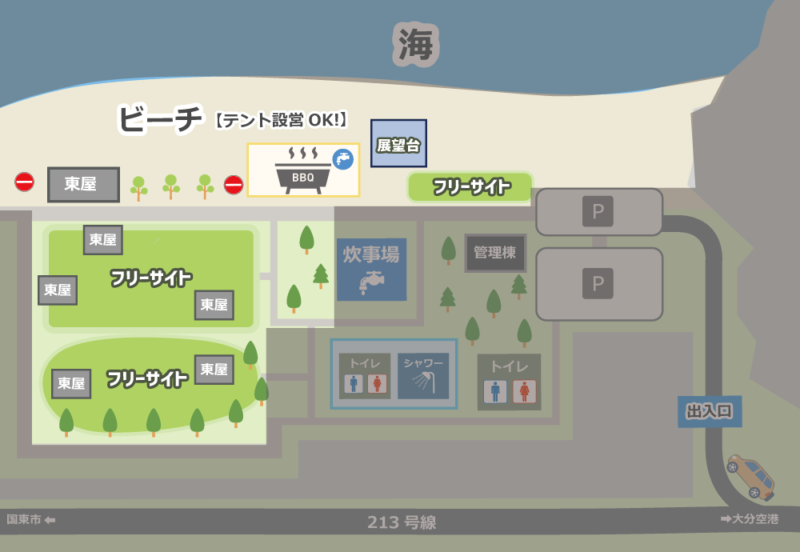 内田龍神海水浴場 キャンプ場 テントサイトのマップ