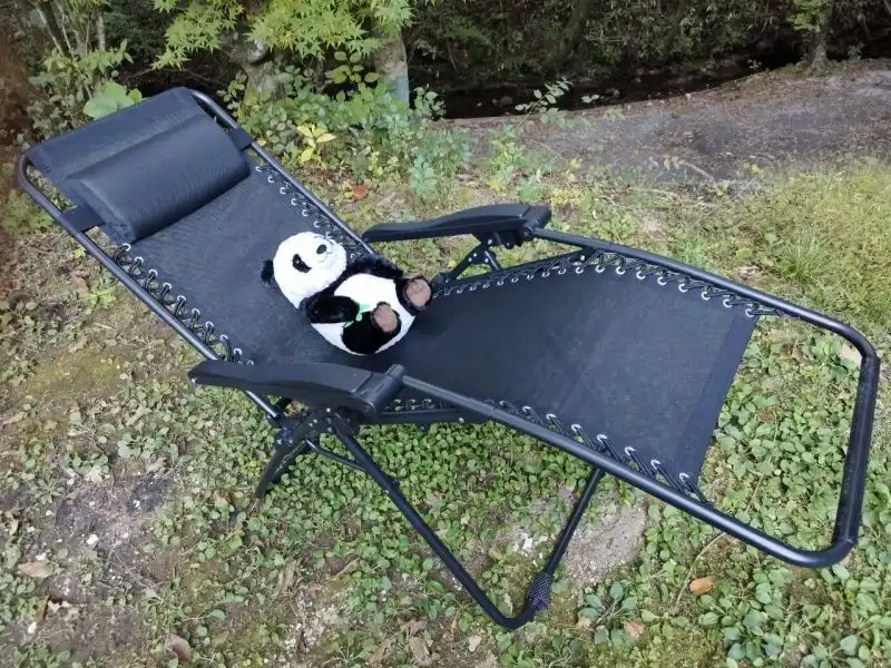 Amazonベーシック「ゼログラビティチェア」に座るパンダ