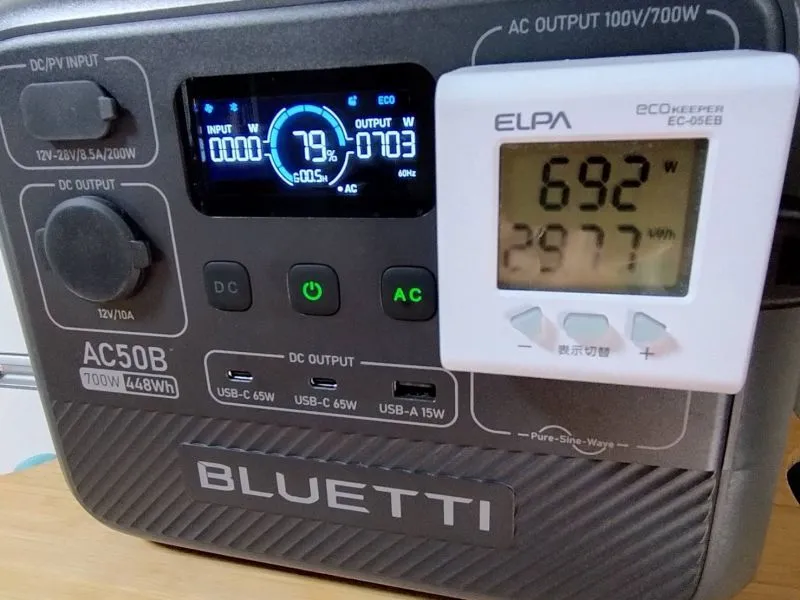 BLUETTI　ポータブル電源　AC50B　IHクッキングヒーター使用時の出力状態