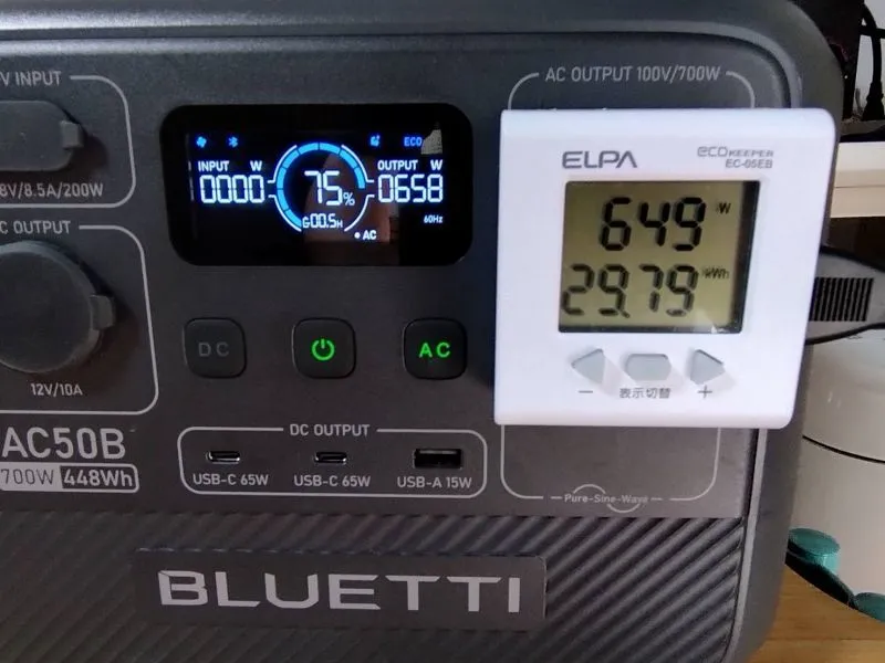 BLUETTI　ポータブル電源　AC50B　ホットプレート使用時の出力状態